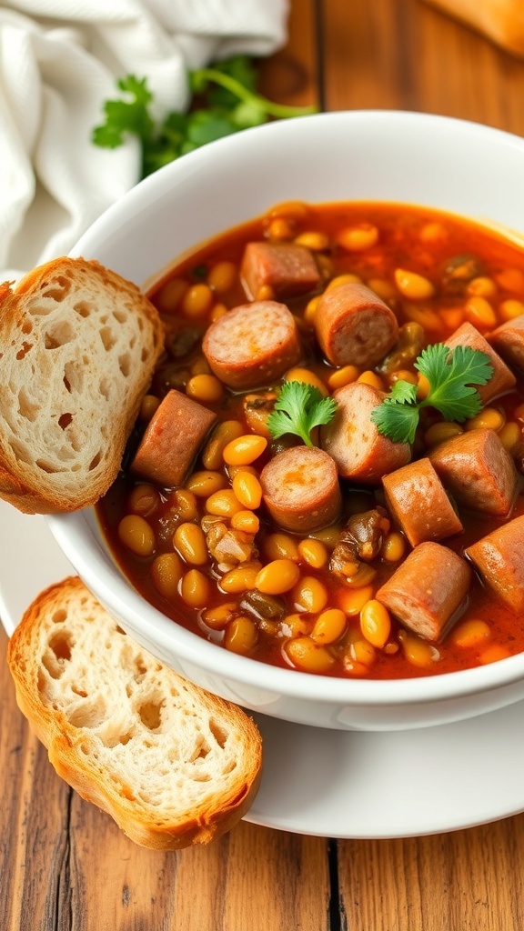 A bowl of spicy sausage and lentil stew with sausage slices and lentils, garnished with parsley, next to crusty bread on a wooden table.